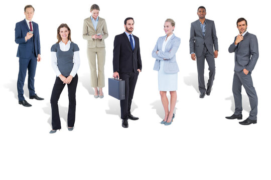 Digital png photo of group of diverse standing businesspeople on transparent background