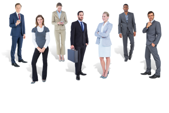 Digital png photo of group of diverse standing businesspeople on transparent background