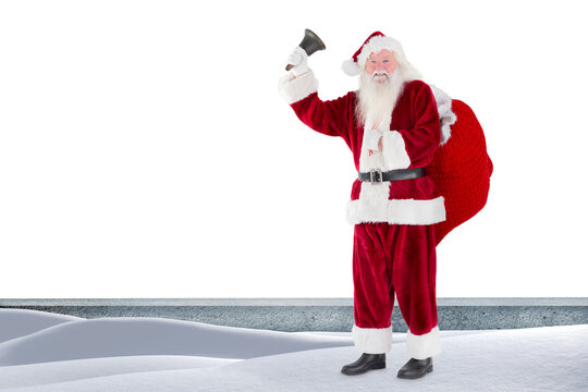 Digital png photo of smiling santa claus with bag of presents and bell on transparent background