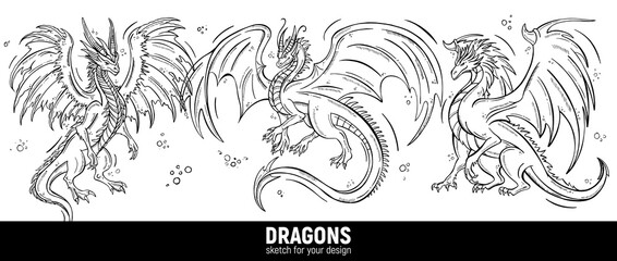 Set of hand-drawn dragons, symbol of the year 2024. Sketch for calendar, poster, covers, prints and other products.