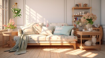 Modern cozy living room. Chabby shic style. Pastel colors