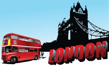 Foto op Canvas 3D word London on Tower bridge and double-decker bus images. Vector illustration © Leo