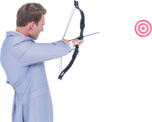 Digital png photo of caucasian businessman shooting with arrow to target on transparent background