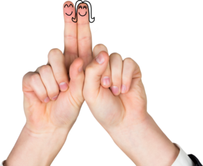 Digital png photo of caucasian hands with couple faces on fingers on transparent background