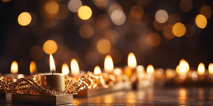 golden hanukkah menorah on grey jewish abstract religion, magnificent menorah with burning candles,