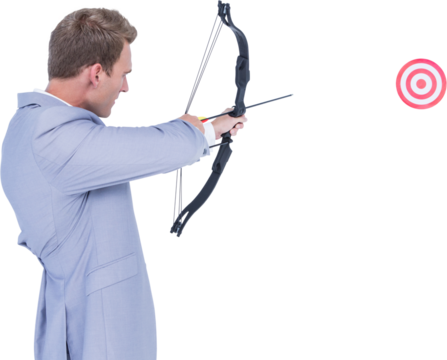 Digital png photo of caucasian businessman shooting with arrow to target on transparent background