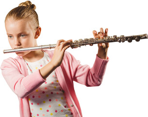 Digital png photo of caucasian girl playing flute on transparent background