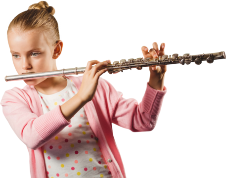 Digital png photo of caucasian girl playing flute on transparent background - Powered by Adobe