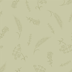 Fototapeta premium Floral seamless pattern. Botanical background. Vector outline illustration of wild herb, branch and wheat ears. 
