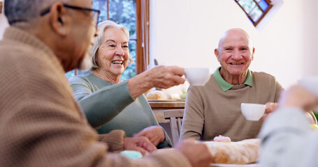 Toast, tea party and a group of elderly people in the living room of a community home for a social. Friends, smile or cheers with happy senior men and women together in an apartment for a visit - obrazy, fototapety, plakaty