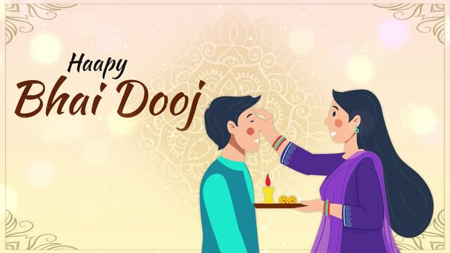 Motion graphic shot of Happy Bhai Dooj - company wish template  Hindu festival  poster  greetings. Animated shot of a brother and a sister celebrating Bhai Dooj on a mandala design background - Com...
