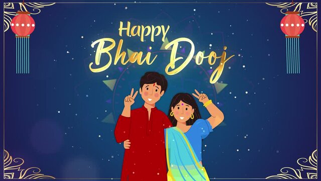 Motion graphic shot of Bhai Dooj - company greeting template  social media post  wishes. Illustration of a brother and a sister posing on a festive background - hanging lanterns  motion text  desig...