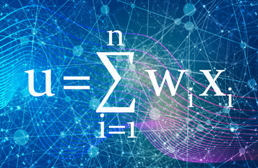 Mathematical formula of the artificial neuron. Summing and activation functions. Neural network research. Machine learning.