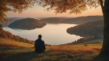 Back view of a sitting man observing the hills.