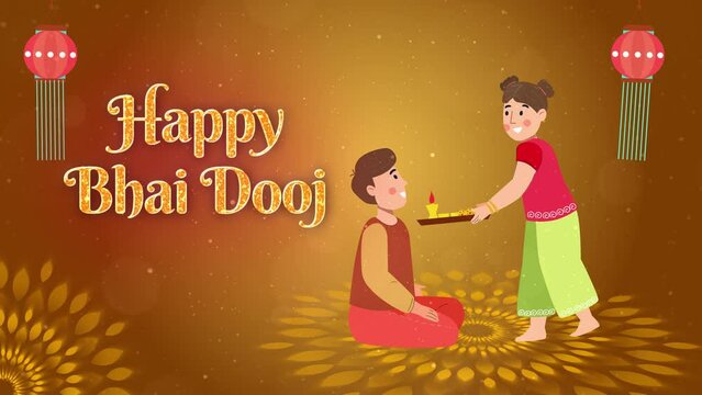 Motion graphic shot of Happy Bhai Dooj - company wish template  celebration  greetings. Illustration of a brother and a sister doing the ritual of Bhai Dooj - Company greetings  Company logo  manda...