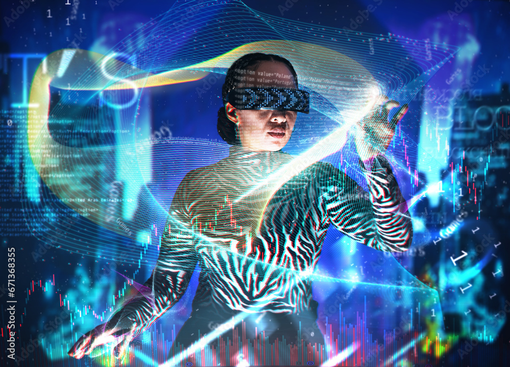 Poster metaverse, woman and augmented reality glasses with dashboard overlay for digital transformation. pe