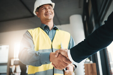 Handshake, partnership and collaboration of engineer in office for contract, deal or onboarding....