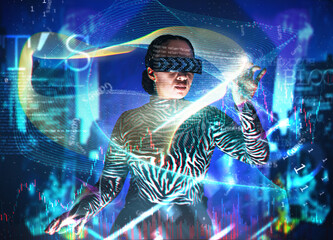 Fototapeta na wymiar Metaverse, woman and augmented reality glasses with dashboard overlay for digital transformation. Person with vr headset ar hologram for cyber 3d world ux for big data and futuristic infographics
