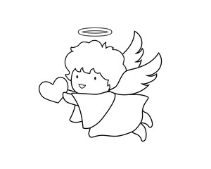 ハートを持つ天使のシンプルな線画イラスト