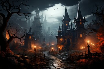 Halloweenhaunted castlespooky graveyardfull moon - obrazy, fototapety, plakaty