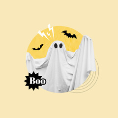 Halloween, A white ghost, made of a sheet, bats, ghost scare, Costume, Ghost, Adult, Fantasy, Haunted, One person, Treat, Tradition, Horror, Basket, Fear, Sheet, Celebration, Fun, Festive, Party, Myst