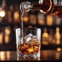 whiskey drink with round ice, realistic photography,