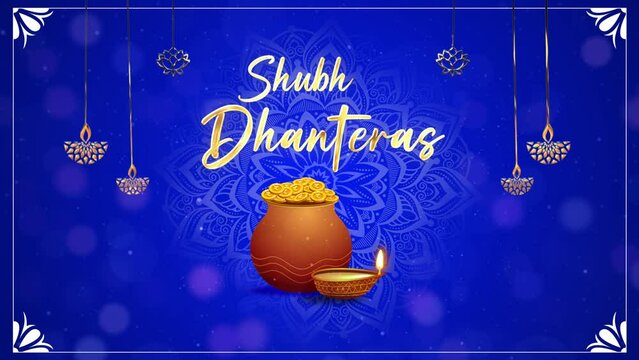 Motion graphic shot of Shubh Dhanteras - an auspicious day  company wish template  company greetings  social media post. Animated shot of an earthen pot filled with gold coins and an oil-lit lamp o...
