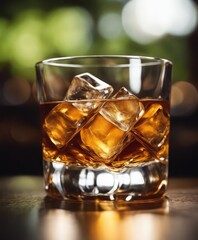 whiskey drink with round ice, realistic photography,