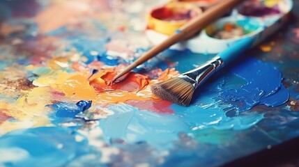 Fototapeta premium A paint brush laying illuminating or glowing paint on canvas. enhancing colors concept