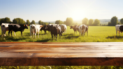 Empty wooden tabletop with a serene backdrop of cows grazing on a lush meadow pasture
