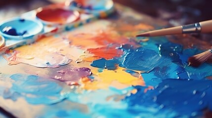 Fototapeta premium A paint brush laying illuminating or glowing paint on canvas. enhancing colors concept