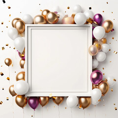 Obraz na płótnie Canvas Decoration colorful balloons with confetti, gift and frame. New year, Anniversary and Birthday party decoration, Birthday Party card and background elements. Generative AI