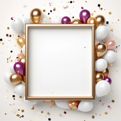 Fototapeta na wymiar Decoration colorful balloons with confetti, gift and frame. New year, Anniversary and Birthday party decoration, Birthday Party card and background elements. Generative AI