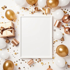 Fototapeta na wymiar Decoration luxury balloons, golden balloons with confetti, gift and frame. New year, Anniversary and Birthday party decoration, Birthday Party card and background elements. Generative AI
