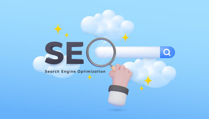 seo search engine optimization with magnifying glass on search bar Illustrations