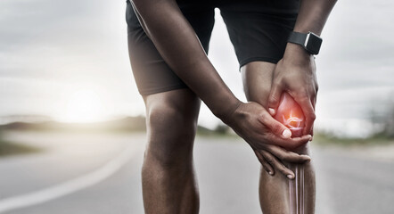 Knee injury, red pain and hands in street running competition, training or cardio exercise problem...