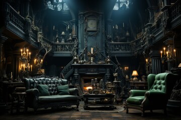 Haunted mansion interior spooky decor eerie ambiance