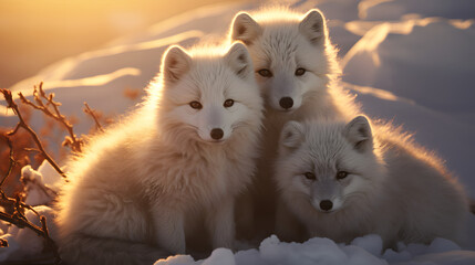 Obraz premium Three artic fox sit in the snow at sunset in winter