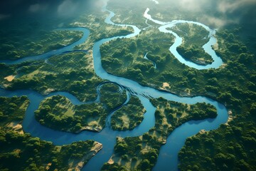 Aerial view of winding rivers and lush valleys, showcasing the earth's intricate beauty Generative AI  