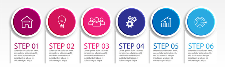 6 step infographic, simple infographic design consisting of six interrelated parts, circle design combined with squares, lines, icons and colors, good for your business presentation