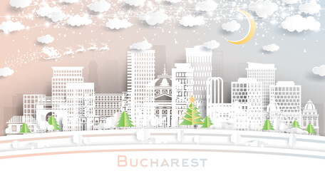 Bucharest Romania. Winter city skyline in paper cut style with snowflakes, moon and neon garland. Christmas and new year concept. Santa Claus. Bucharest cityscape with landmarks.
