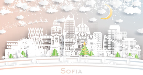 Sofia Bulgaria. Winter city skyline in paper cut style with snowflakes, moon and neon garland. Christmas and new year concept. Santa Claus. Sofia cityscape with landmarks.