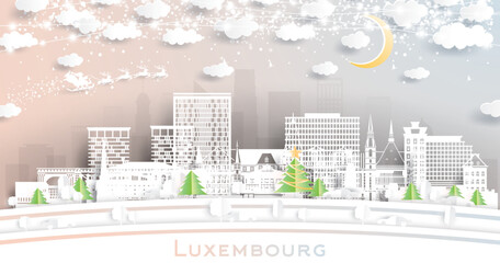 Luxembourg city. Winter city skyline in paper cut style with snowflakes, moon and neon garland. Christmas and new year concept. Santa Claus. Luxembourg cityscape with landmarks.