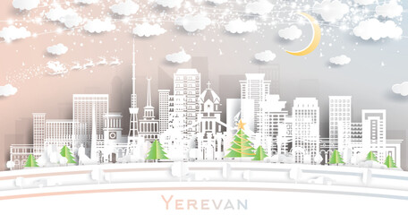 Obraz premium Yerevan Armenia. Winter city skyline in paper cut style with snowflakes, moon and neon garland. Christmas and new year concept. Santa Claus. Yerevan cityscape with landmarks.