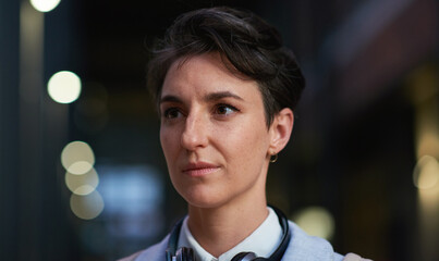 Woman outdoor, face and thinking with ideas, travel to work with mockup space and bokeh with commuting in city. Young creative, mindset and vision with web designer, career and growth in London