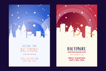 Baltimore city poster with Christmas skyline, cityscape, landmarks. Winter USA holiday, New Year vertical vector layout for Maryland brochure, website, flyer, leaflet, card - obrazy, fototapety, plakaty