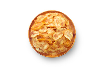 Banana slice chips in circular wooden bowl isolated on white background , top view , flat lay.