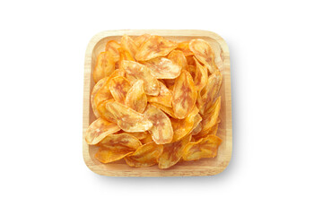 Banana slice chips in square wooden bowl isolated on white background , top view , flat lay. © NUM LPPHOTO