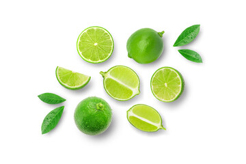 Set of lime has water drop with slices and green leaf isolated on white background , top view ,...