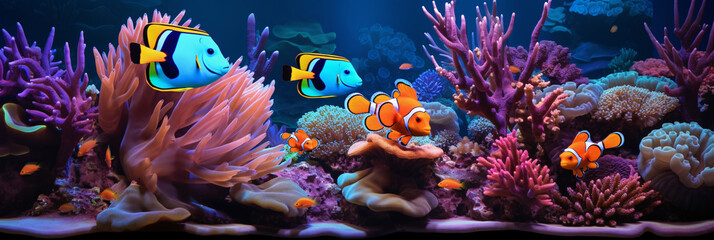 A colorful underwater ballet  Clownfish navigating the vibrant coral reef tapestry
